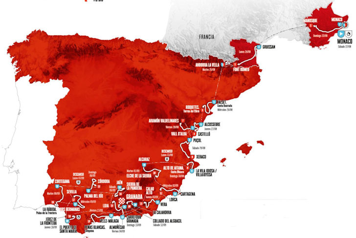 Vuelta a España overzichtskaart: route van Monaco naar Granada
